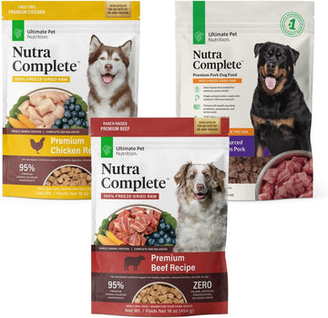 Ultimate Pet Nutrition Nutra Complete Raw Freeze Dried Dog Food, Veterinarian Formulated With Antioxidants, Prebiotics & Amino Acids, 1Lb Flavor Bundle