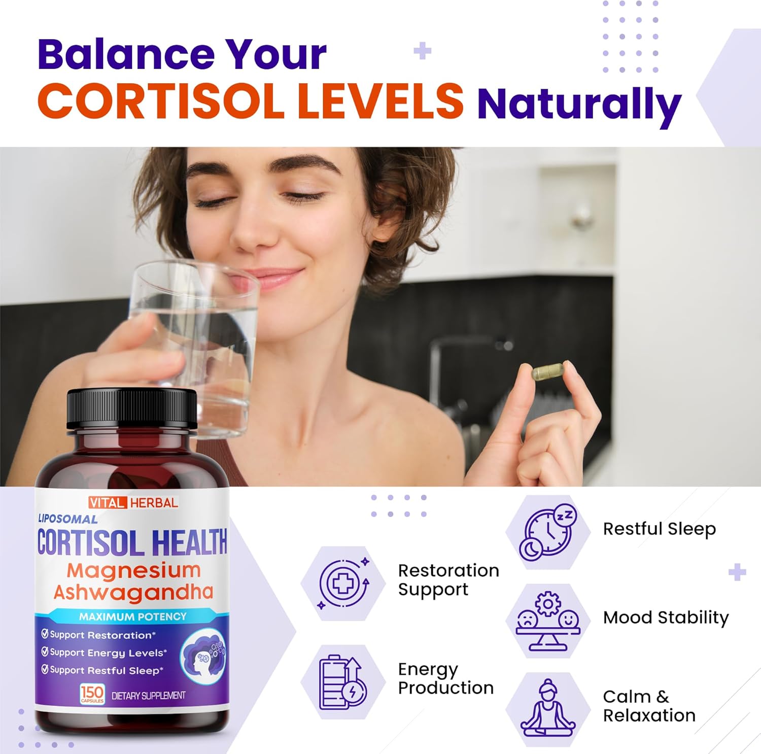 Vital Herbal Cortisol Health Supplement - Liposomal Magnesium With Ashwagandha L-Theanine St. John'S Wort - Maximum Potency - Support Restoration, Strength - Made In The Usa : Health & Household
