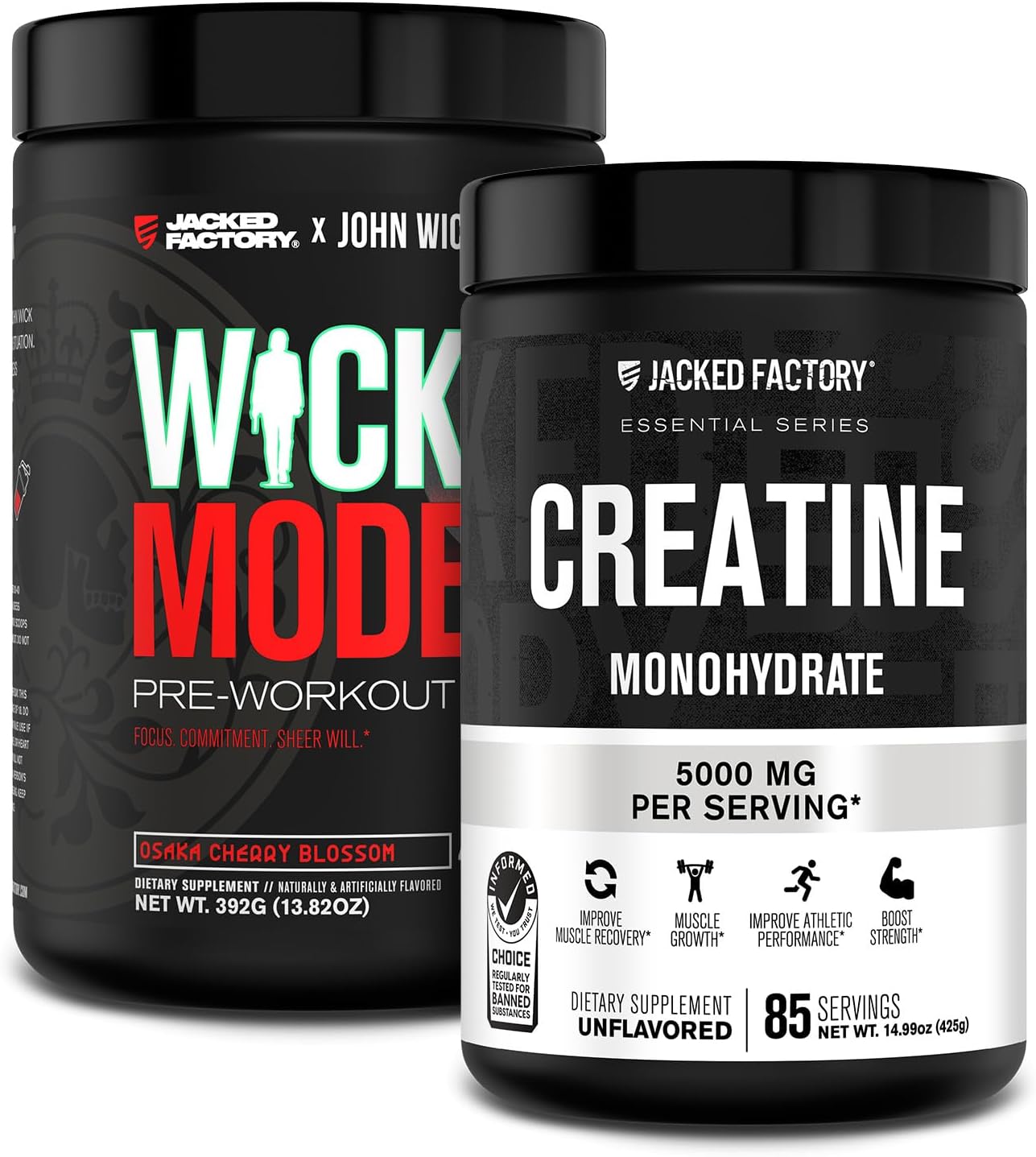 Jacked Factory X John Wick - Wick Mode Pre Workout Powder (Osaka Cherry Blossom, 40 Servings) & Creatine Monohydrate Powder (Unflavored, 85 Servings)