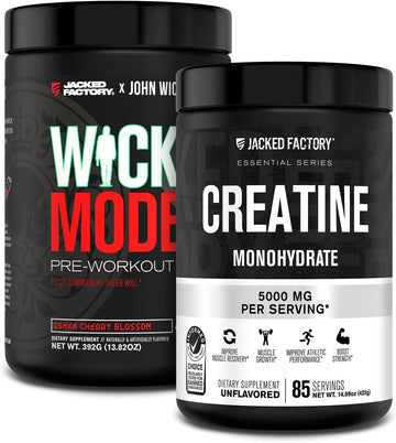 Jacked Factory X John Wick - Wick Mode Pre Workout Powder (Osaka Cherry Blossom, 40 Servings) & Creatine Monohydrate Powder (Unflavored, 85 Servings)