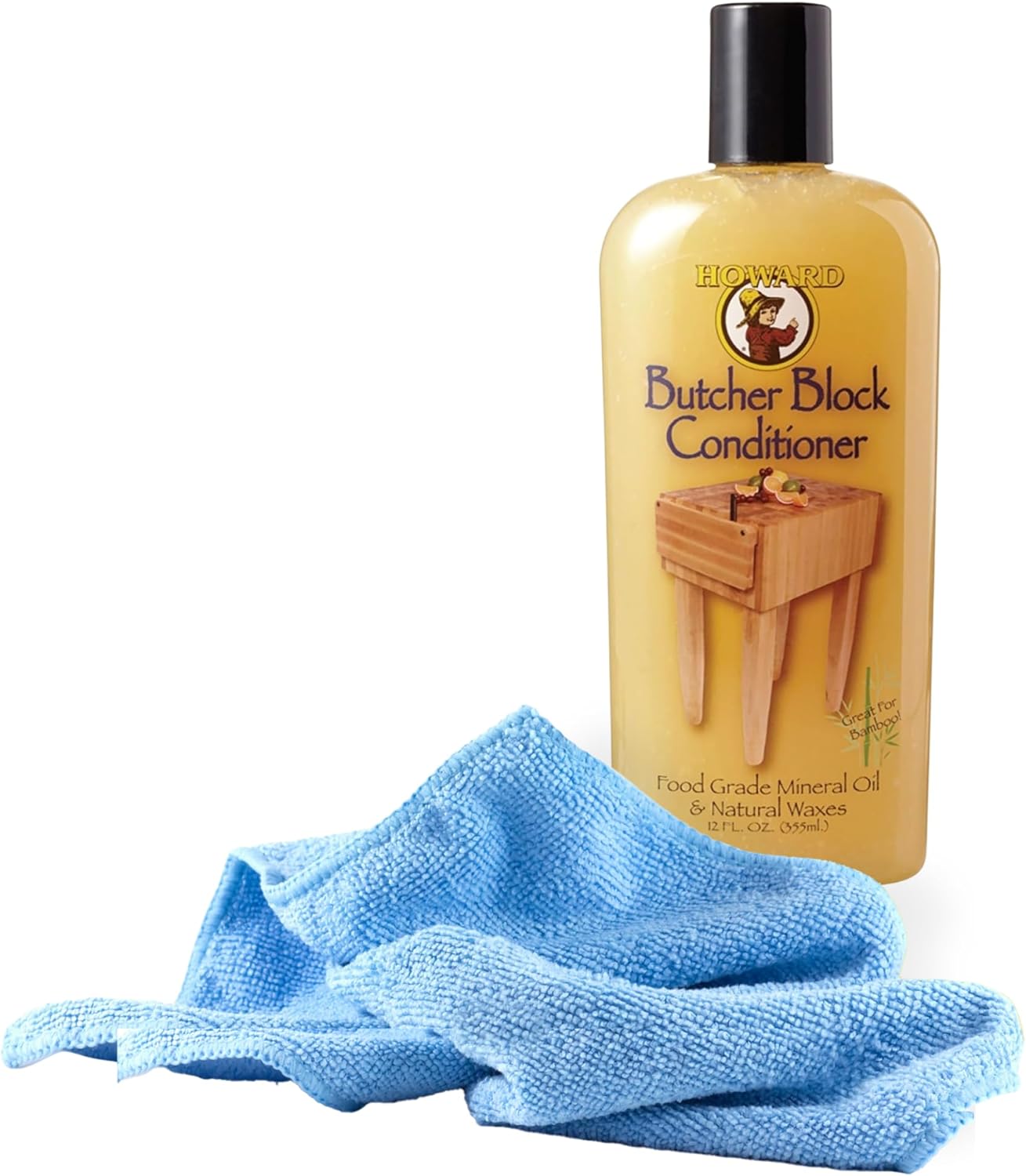 Black Swan Distributors - Howard Butcher Block Conditioner (12 oz) & Non-Abrasive Microfiber Cleaning Cloth (15x15 in) - Beeswax, Carnauba Wax & Mineral Oil - For All Food-Safe Wooden Surfaces