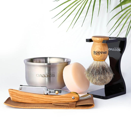 Anbbas Badger Hair Shaving Brush,Stand,Lathering Bowl,3.5Oz Soap,Straight Razor With Bag And Razor Strop,7In1 Kit For Men Wet Shave