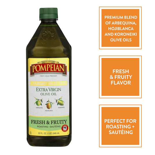 Pompeian Gourmet Selection Extra Virgin Olive Oil, First Cold Pressed, Fresh & Fruity Flavor, Perfect For Roasting & Sautéing, 32 Fl. Oz