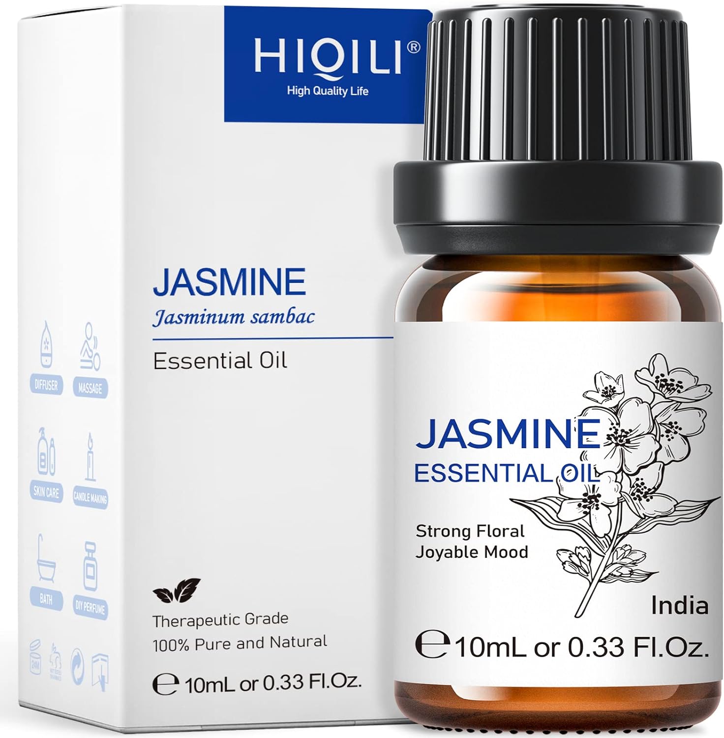 HIQILI Jasmine Essential Oil,Strong Fragrance and Lasting for Diffuser,Body Bath, Fragrance DIY,10ml