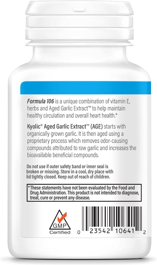 Kyolic Aged Garlic Extract Formula 106, Circulation Health, 100 Capsules (Packaging May Vary)