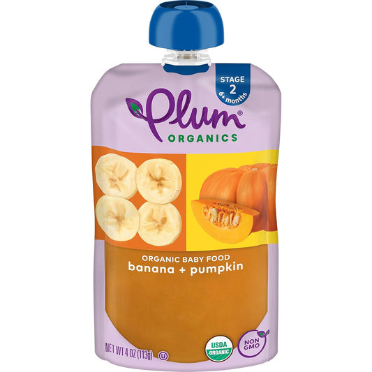 Plum Organics Stage 2 Organic Baby Food - Banana And Pumpkin - 4 Oz Pouch (Pack Of 12) - Organic Fruit And Vegetable Baby Food Pouch