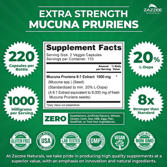 Zazzee Extra Strength Mucuna Pruriens 8:1 Extract, Minimum 20% L-Dopa, 1000 Mg, 220 Vegan Capsules, 110 Day Supply, Concentrated And Standardized 8X Extract, 100% Vegetarian, All-Natural And Non-Gmo