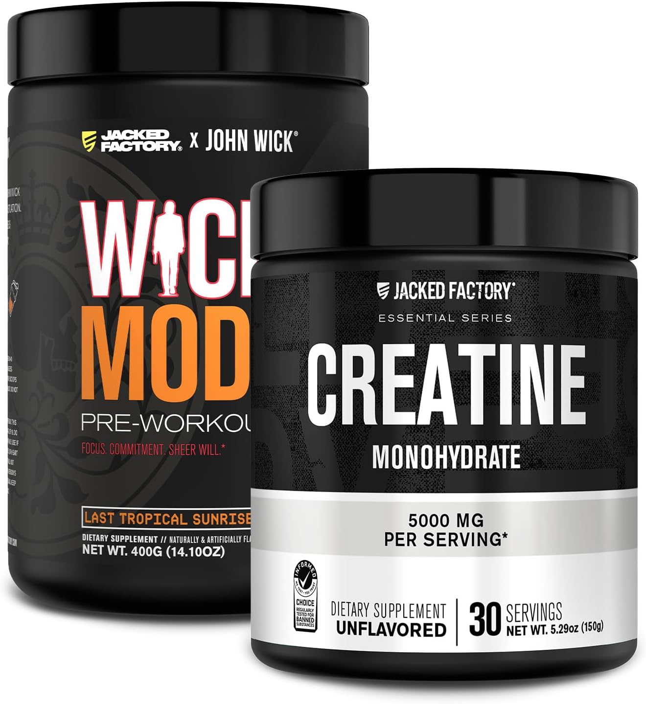 Jacked Factory X John Wick - Wick Mode Pre Workout Powder (Last Tropical Sunrise, 40 Servings) & Creatine Monohydrate Powder (Unflavored, 30 Servings)