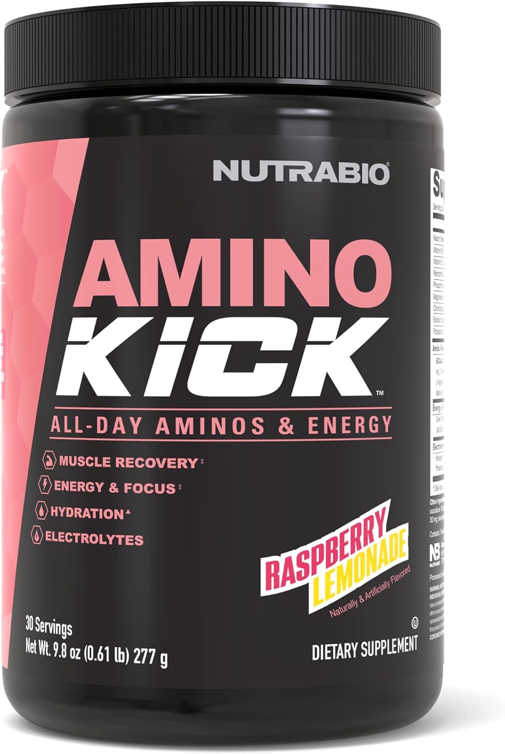 NutraBio Amino Kick - Amino Acid Energy Formula - BCAA's, Electrolytes for Hydration, Natural Caffeine 30 Servings (Raspberry Lemonade)