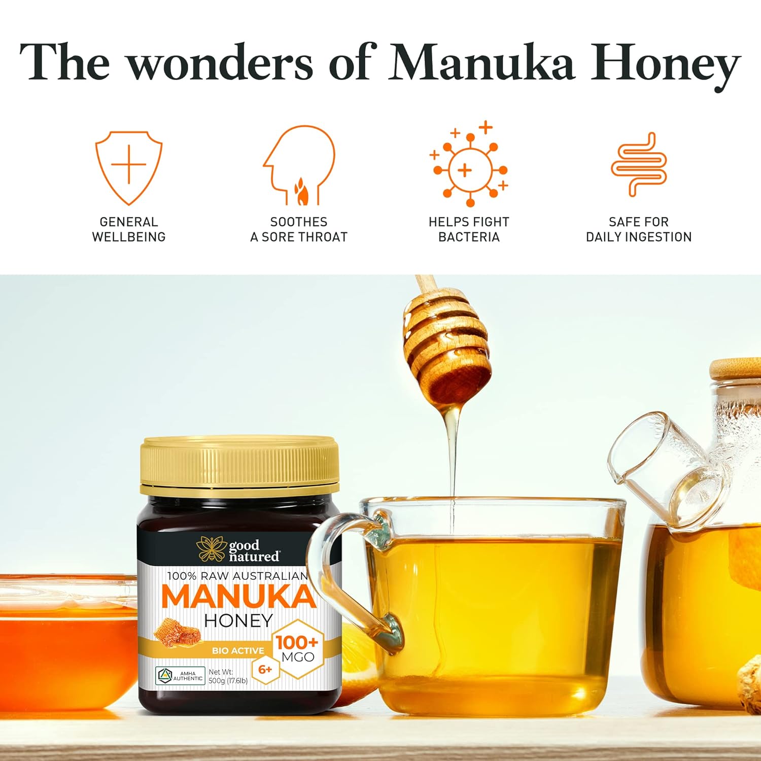 Raw Manuka Honey Certified MGO 100+ / 6+ Manuka With Antibacterial Activity - (NPA 6+) 500g (1.1lb) by Good Natured : Grocery & Gourmet Food