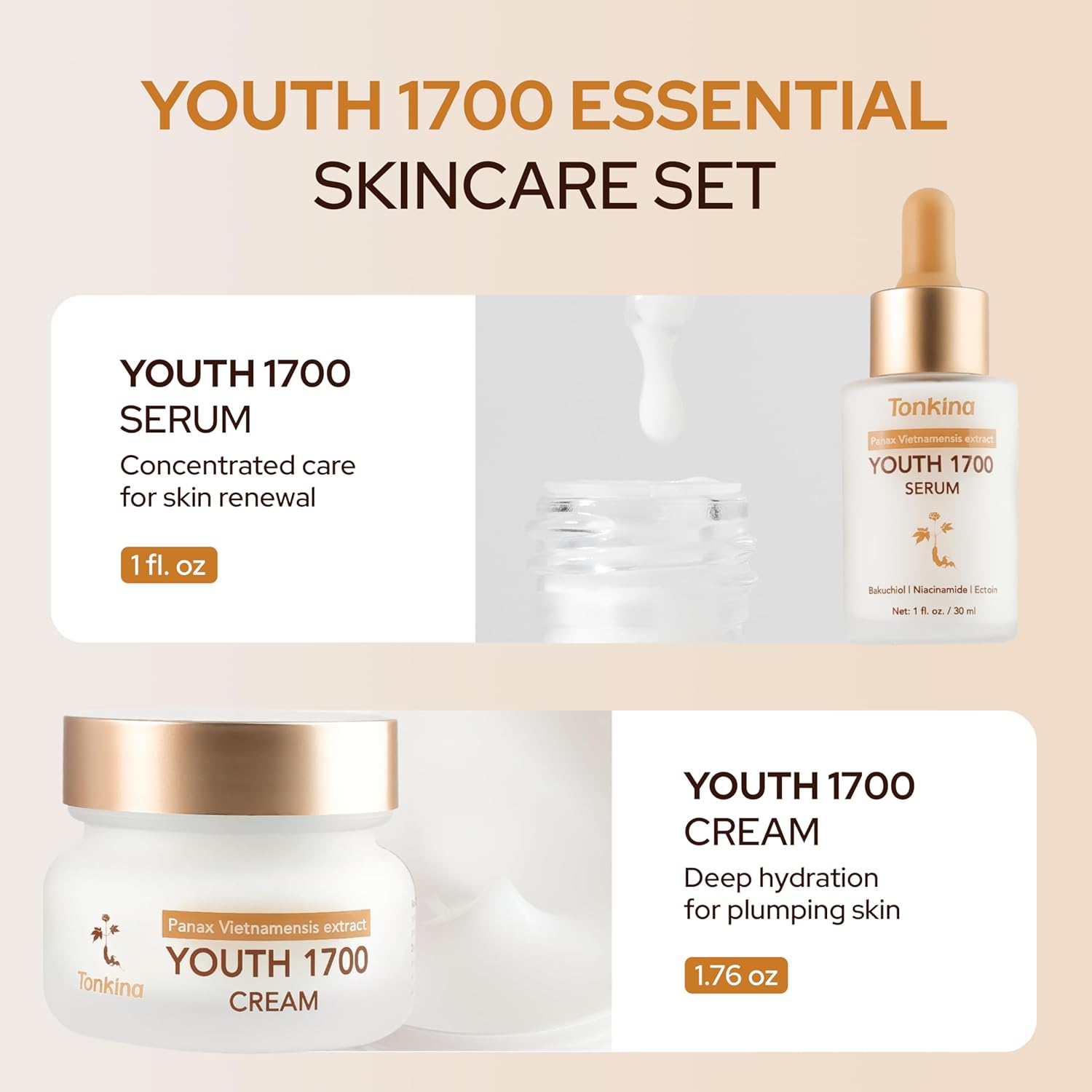 Tonkina Essential Trio Youth 1700 Anti-Aging Skin Care Kit With Vietnamese Ginseng Firming And Moisturising For All Skin Types