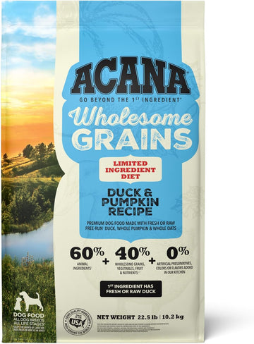 Acana Wholesome Grains Limited Ingredient Diet Dry Dog Food, Duck & Pumpkin Recipe, Single Protein Duck Dog Food, 22.5Lb