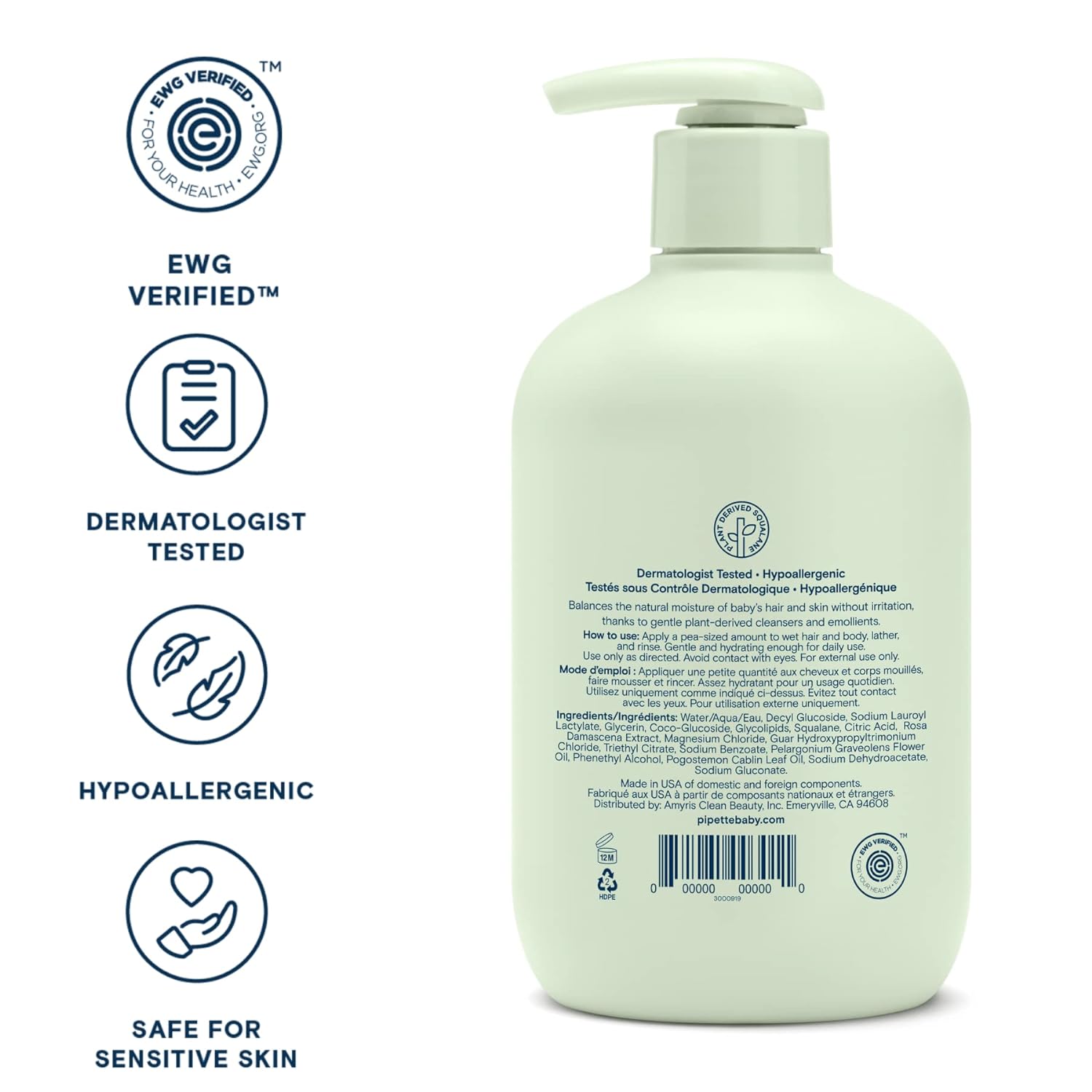 Pipette Baby Shampoo and Body Wash - Fragrance Free, Tear-Free Bath Time, Hypoallergenic, Moisturizing Plant-Derived Squalane, New Formula, 11.8 fl oz : Health & Household