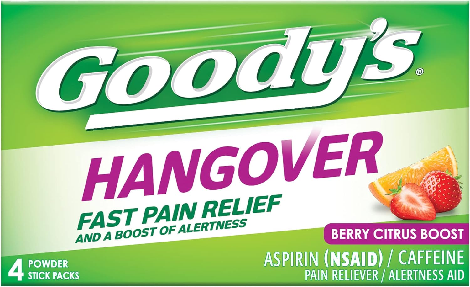 Goody's Hangover Powders, Fast Pain Relief & Boost of Alertness Berry Citrus, 4 ct (Pack of 1)