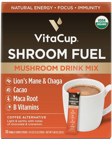 Vitacup Shroom Fuel, Mushroom Based Instant Coffee Alternative Packets, Mushroom Coffee Substitute W/Cacao, Cinnamon, Chaga, Lions Mane, & Maca For Energy, Immune Support, & Focus, 10 Ct