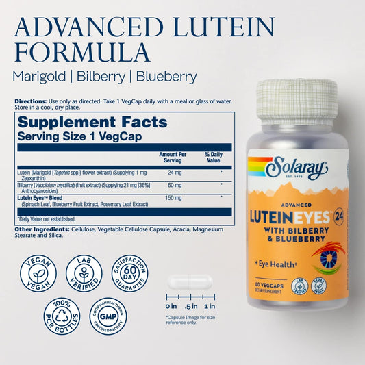 Solaray Advanced Lutein Eyes 24 Mg - Lutein And Zeaxanthin Supplements - Eye Health Support With Blueberry And Bilberry Extract - Vegan, 60-Day Guarantee, Lab Verified - 60 Servings, 60 Vegcaps