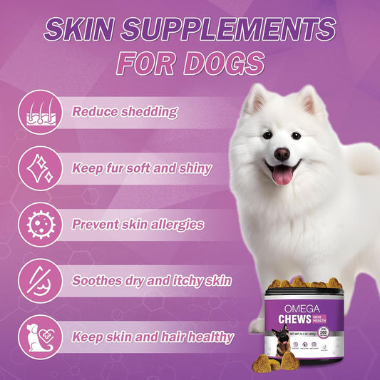 Omega 3 For Dogs Skin And Coat Supplement For Dogs Dog Allergy Chews Dog Itching Skin Relief Fish Oil For Dogs Dry Skin For Dogs Treatment Dog Salmon Oil Supplement 200 Tablets Omega 3 Chews For Dogs