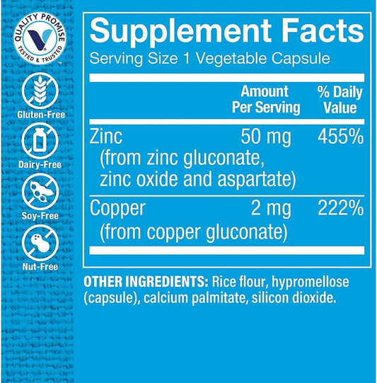 Zinc With Copper - Supports Immune Health - 50 Mg (100 Vegetarian Capsules)