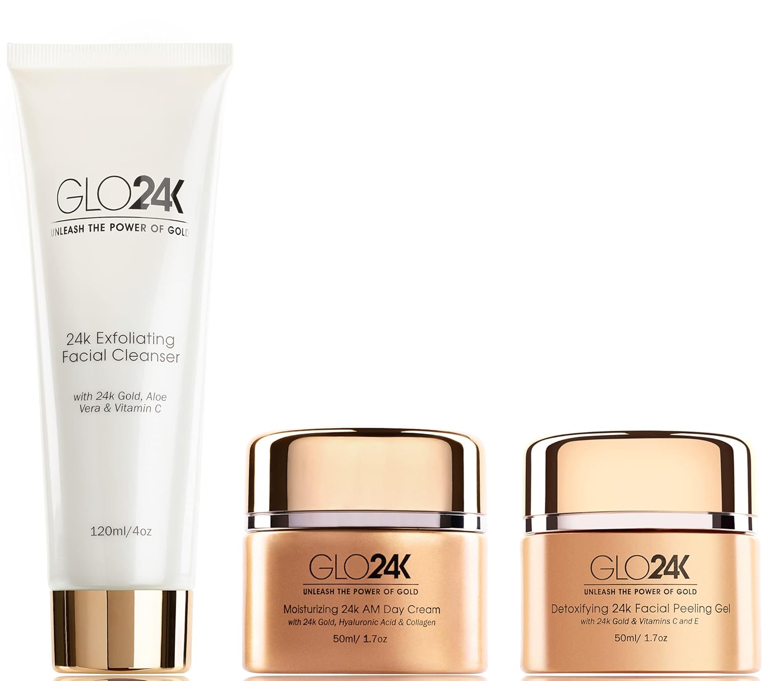 Glo24K 24K Gold Moisturizing Day Cream, Peeling Gel, Exfoliating Facial Cleanser Complete Set