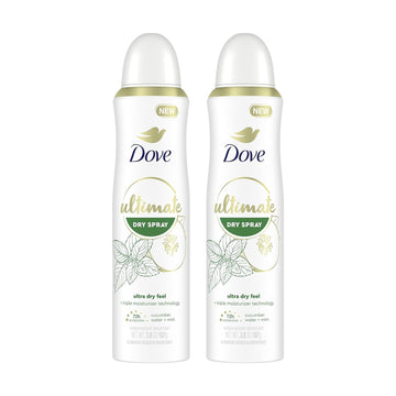 Dove Ultimate Dry Spray Antiperspirant Cucumber Water And Mint 2 Count For 72-Hour Sweat And Odor Protection With Triple Moisturizer Technology 3.8Oz