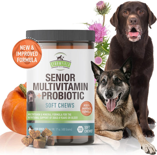 Strawfield Pets' Senior Multivitamin + Probiotics for Dogs with Milk Thistle Joint Support Supplement for Dogs Peanut Butter Flavor 120 Crunchy Soft Chews