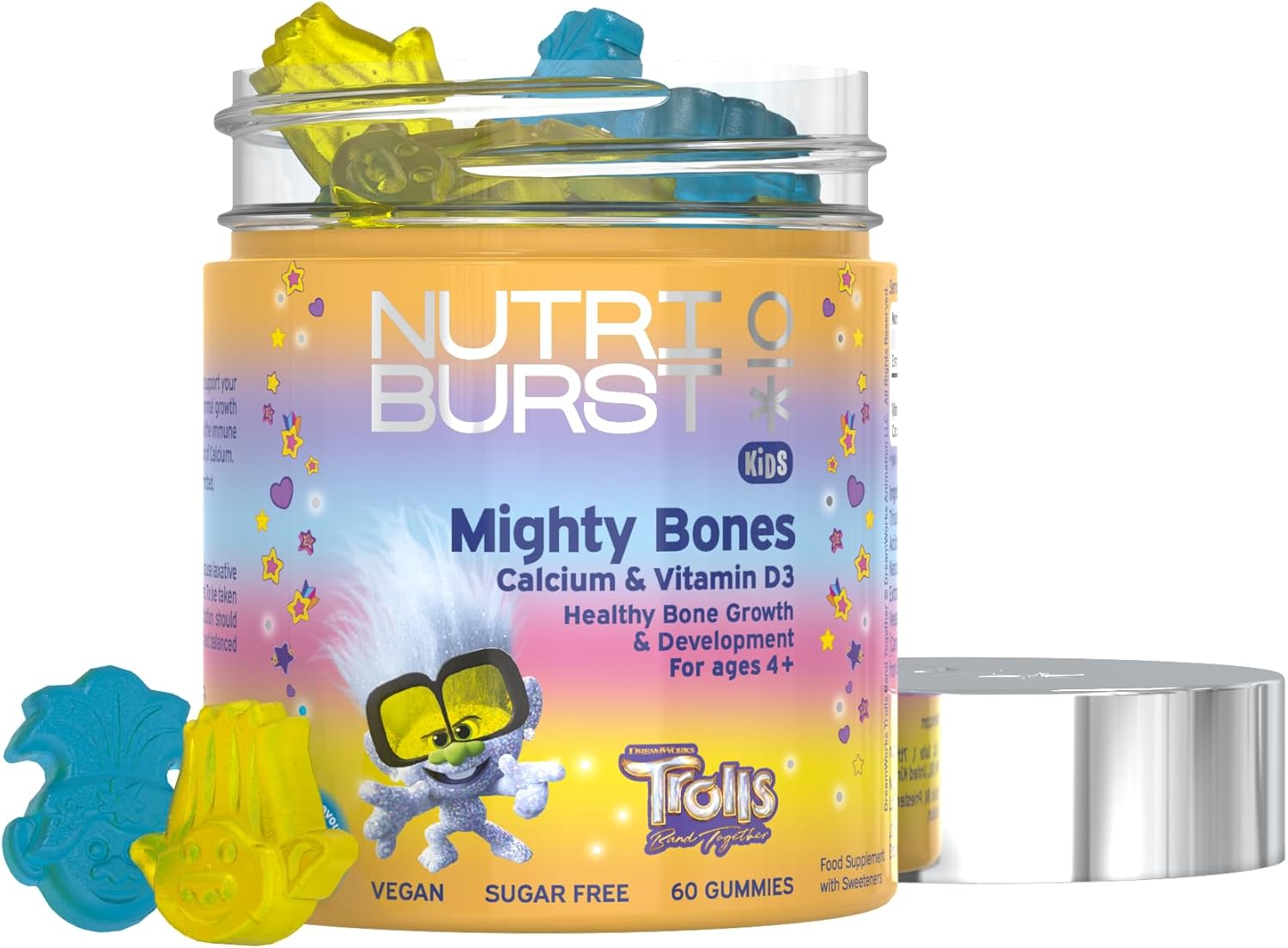 Nutriburst Trolls Kids Mighty Bones - Vitamin D3 + Calcium Chewable Vitamin - Healthy Bone Development - Vitamin D3 (25µg) + Calcium (240Mg) - Vegan + Sugar Free - Strawberry Flavour - 60 Gummies