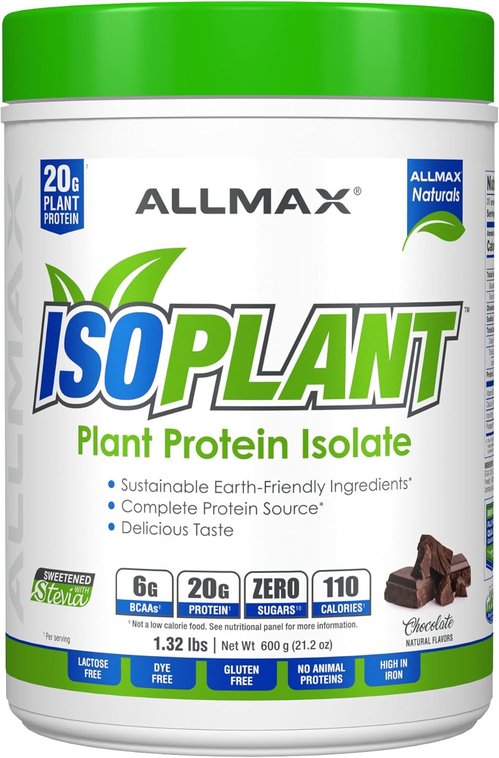 Allmax Isoplant, Chocolate - 600 G - 20 Grams Of Plant Protein Isolate Per Scoop - Low Fat & Zero Added Sugar - Lactose Free & Gluten Free - High In Iron - Approx. 20 Servings