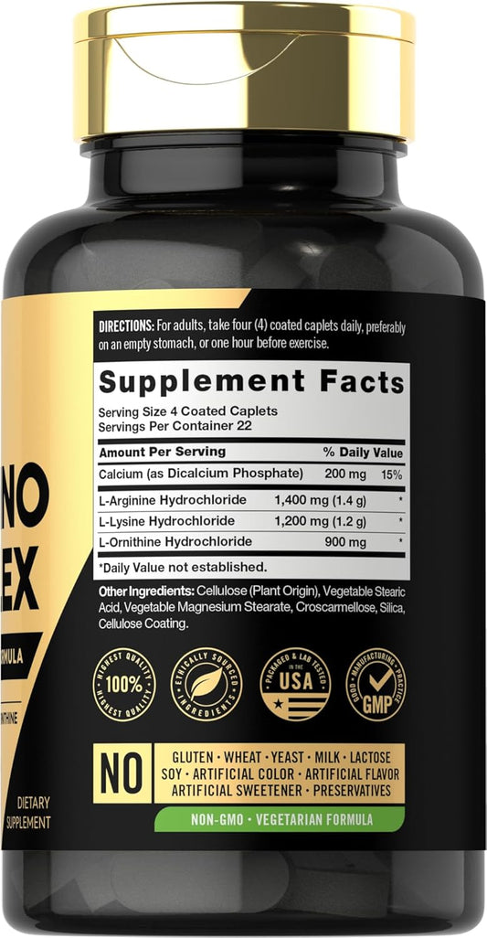 Carlyle Tri-Amino L-Arginine, L-Ornithine, L-Lysine Supplement | 90 Caplets | Vegetarian, Non-Gmo, Gluten Free