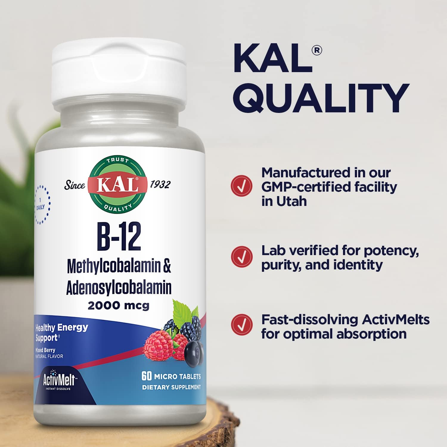 KAL Vitamin B12 Methylcobalamin and Adenosylcobalamin 2000 mcg ActivMelt, B12 Energy Supplements, Metabolism, Nerve, Red Blood Cell Support, High Absorption, Natural Berry, 60 Serv, 60 Micro Tablets : Health & Household