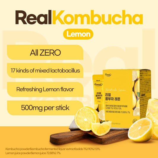 Funeat Real Kombucha Lemon Flavor, Zero Sugar, Sparkling Fermented Powered Mix Beverage From Korea, 30 Sticks, 5 Ounce