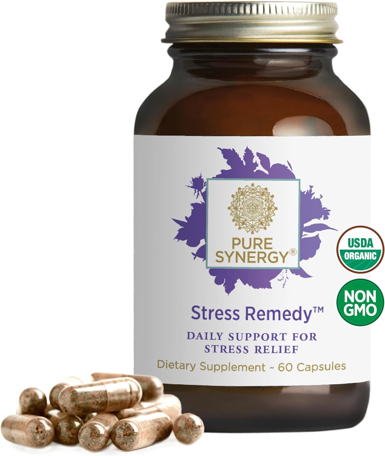 Pure Synergy Stress Remedy | Stress Relief Supplement With Ashwagandha | Organic Adaptogen Support From Rhodiola, Lemon Balm, And Holy Basil | For Stress, Adrenal Health, And Mood (60 Capsules)
