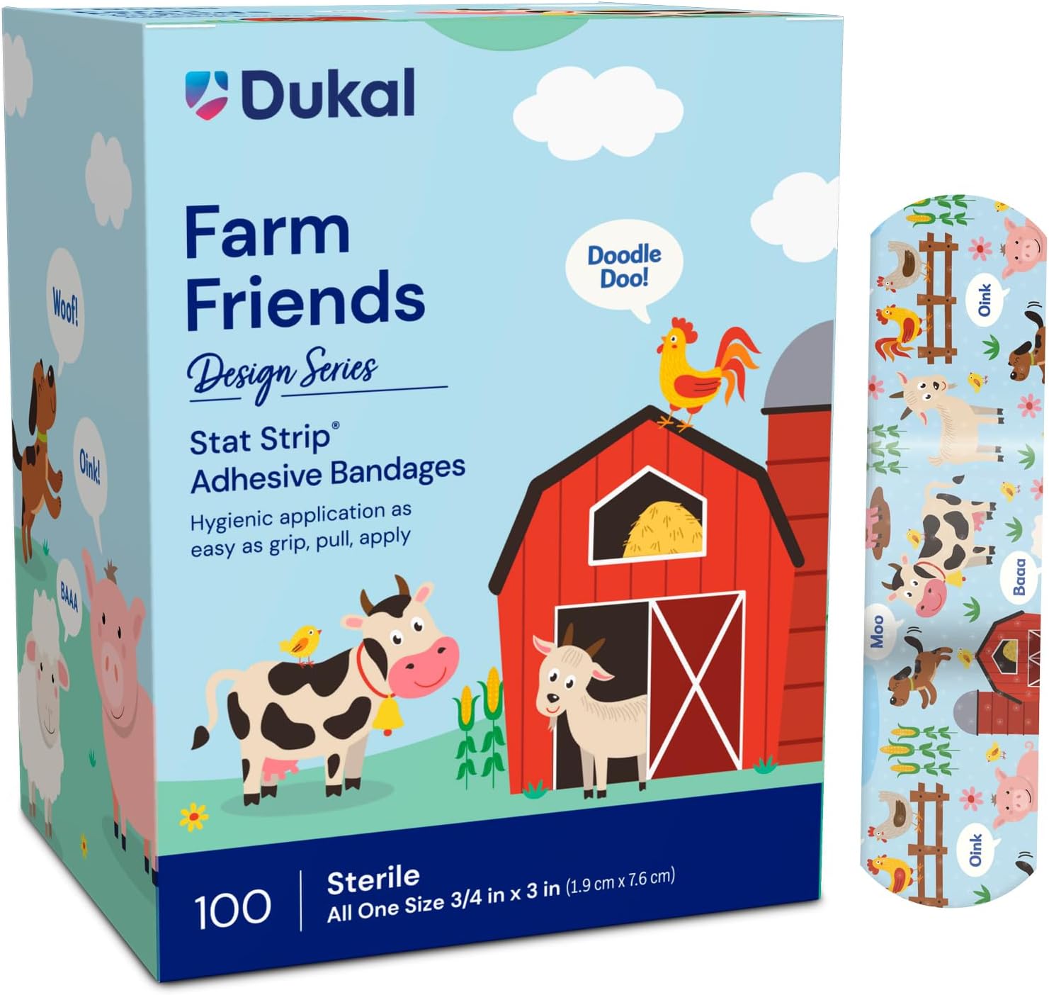 Dukal Design Series Farm Friends Adhesive Bandages With Stat Strip Technology, 3/4” X 3” (Box Of 100) : Health & Household