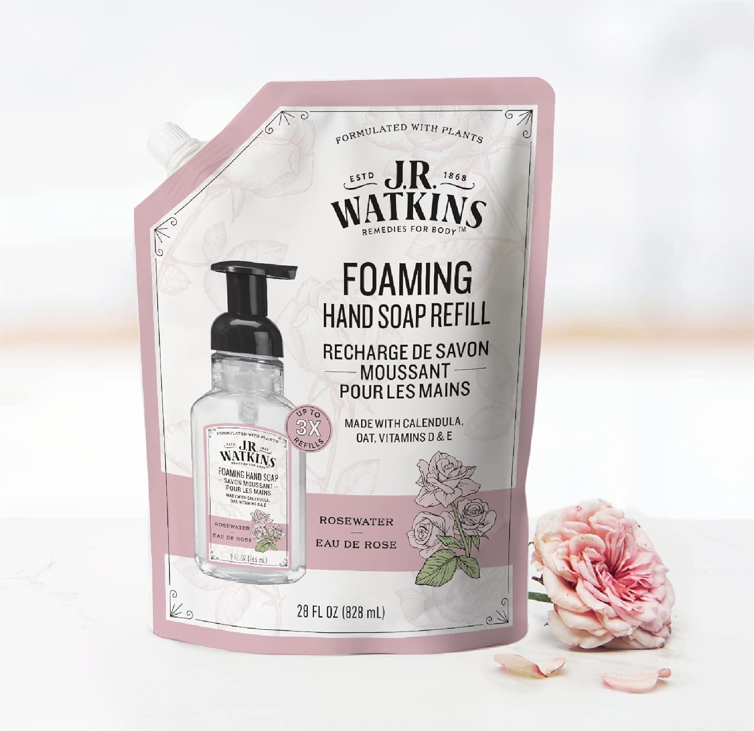 J.R. Watkins Foaming Hand Soap Refills, All Natural, Alcohol-Free Hand Wash, Cruelty-Free, USA Made, Moisturizing Hand Soap Refill for Bathroom or Kitchen, Rosewater, 28 fl oz Foam Soap Refill, 3 Pack : Beauty & Personal Care