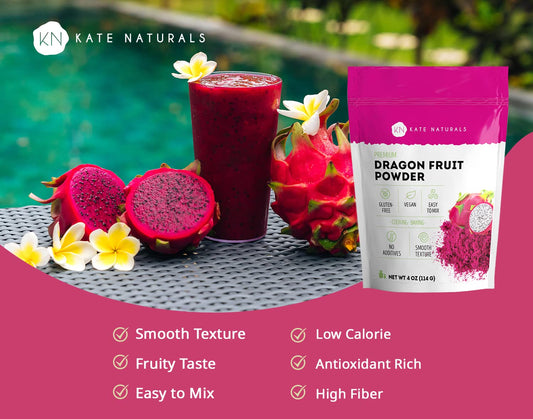 Kate Naturals Dragon Fruit Powder for Baking & Drink (4oz). Vegan, Gluten Free Dried Dragon Fruit Pink Pitaya Powder for Dragon Fruit Syrup. Dragonfruit Pitaya Powder for Smoothie & Food Coloring