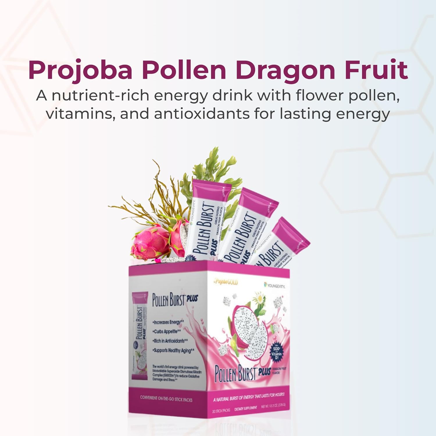 Youngevity Projoba Pollen Burst™ Dragon Fruit - Clean Natural Energy Supplement W/Green Tea, Pollen Extract, Glisodin® - Increase Focus, Brain Boost, Endurance, Mental Clarity (30 Sticks)