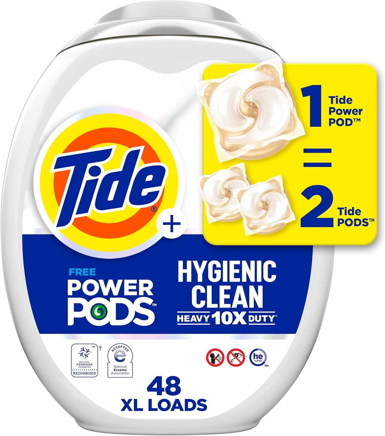 Tide Hygienic Clean Heavy Duty 10X Free Power Soap Pods Laundry Detergent, White, Unscented, 48 Count