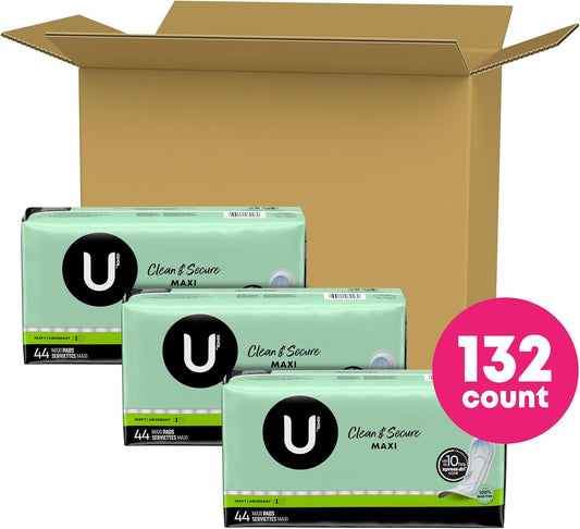 U By Kotex Clean & Secure Maxi Pads, Heavy Absorbency, 132 Count (3 Packs Of 44) (Packaging May Vary)