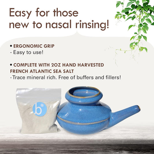 Neti Pot Tool Kit - Snoring & Saline Solution, Handcrafted Ceramic Dishwasher Safe With 2Oz Mineral Sea Salt For Nose Cleaning & Sinus Rinse Perfect For Allergy Relief In Adults & Kids (Blue)