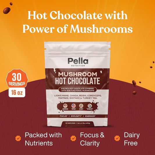 Organic Mushroom Hot Chocolate Blend (30 Servings) with 7 Superfood Mushrooms - Lion's Mane, Reishi, Chaga, Cordyceps, Shiitake, Maitake, and Turkey Tail - Delicious Fairtrade Instant Hot Cocoa Mix