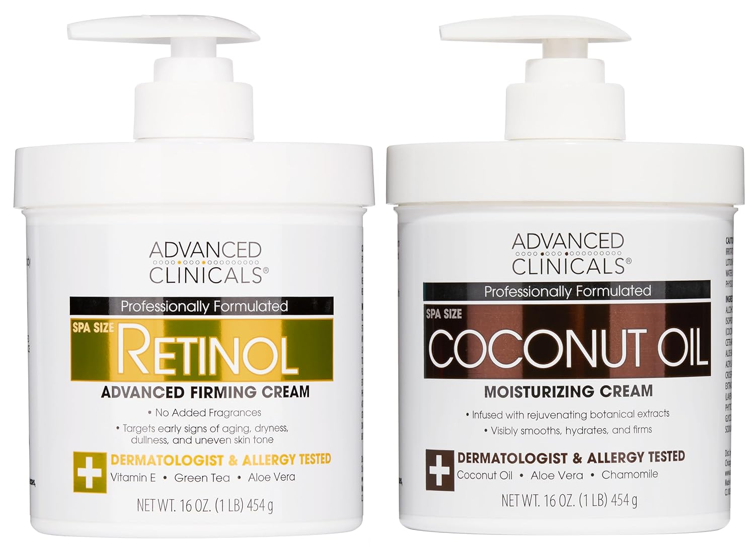 Advanced Clinicals Unscented Retinol Body Lotion & Face Moisturizer + Coconut Oil Body Cream For Women & Men | 2Pc Skincare Set Helps Reduce Appearance Of Crepey Skin + Irritated Dry Skin, 2Pc Set