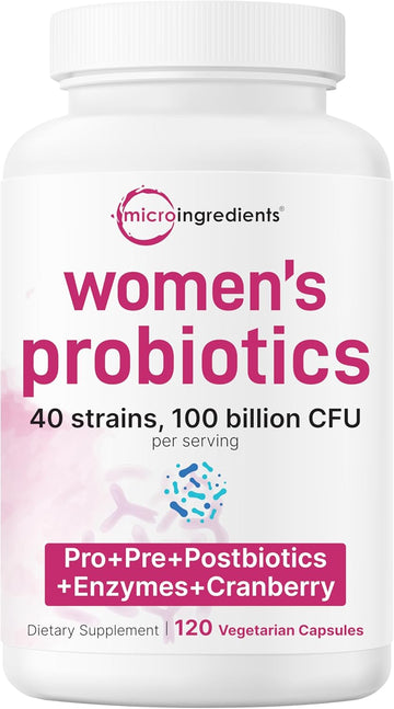 Micro Ingredients Women’S Probiotics 100 Billion Cfu, 120 Veggie Capsules | 40 Strains With Cranberry, D-Mannose, Prebiotics & More | Synbiotic & Enzyme Complex | Supports Vaginal Flora & Gut Health