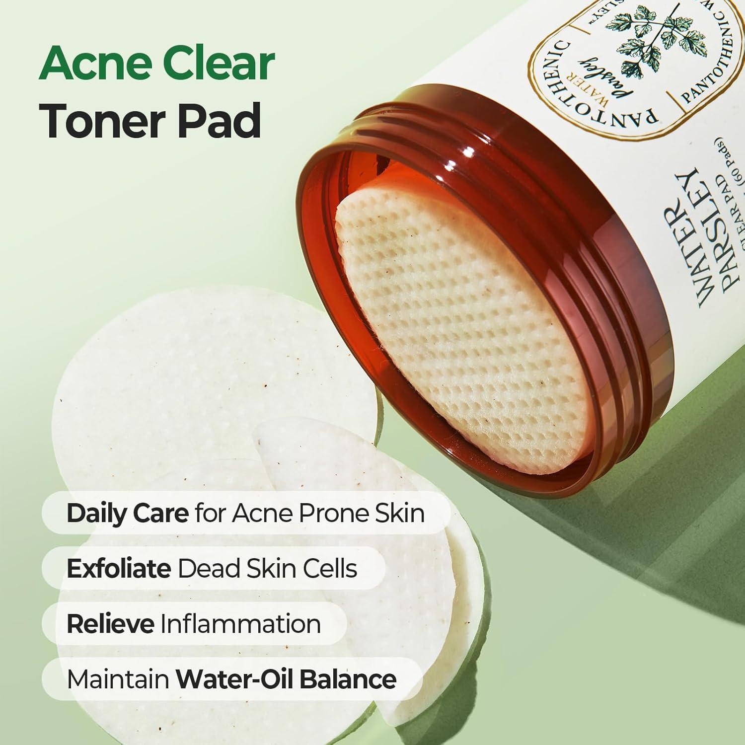 Skinfood Pantothenic Water Parsley Clear Toner Pad, Daily Acne Exfoliating Pads For Sensitive Skin, Korean Skincare Sebum Control Face Toner For Acne Prone Skin, 8.81 Oz (60 Pads)