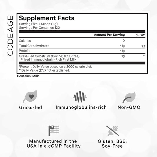 Codeage Bovine Colostrum Powder Supplement 4-Month Supply, 1000Mg Per Serving, Grass-Fed Ethically Sourced, Immunoglobulin-Rich Prized First Milk, Cold-Chain Pasteurized, Agglomerated, Non-Gmo, 4.3 Oz