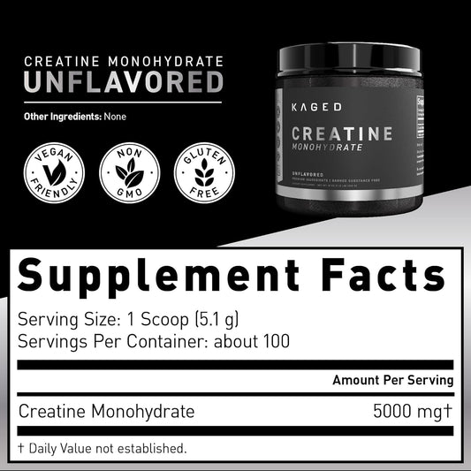 Kaged Creatine Monohydrate Micronized Powder | 100 Servings | Unflavored | Muscle Recovery And Growth Supplement For Men & Women | Vegan | Easily Digestible | Gluten Free | Keto Friendly