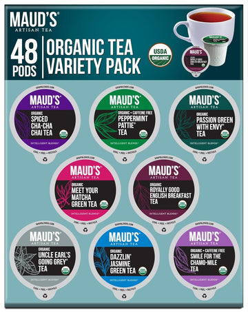 Maud'S 8 Blend Organic Tea Pods Variety Pack, 48 Ct, 8 Assorted Flavors, Recyclable Single Serve Tea Pods –100% Gourmet Blended Tea Leaves, Compatible With Keurig K Cups Maker