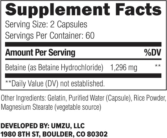 Umzu Betaine Hcl Supplement | Digestive Support, Gastric Comfort, Nutrient Absorption & Cardiovascular Support | Natural Digestion & Gut Health Aid (120 Capsules)