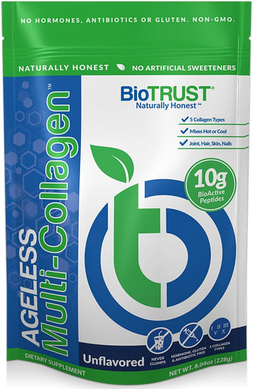 Biotrust Ageless Multi Collagen Peptides Powder – 5 Types (I, Ii, Iii, V, X) – Unflavored Collagen Powder For Women & Men – Hydrolyzed Protein – Grass Fed Beef, Fish, Chicken, Eggshell Membrane