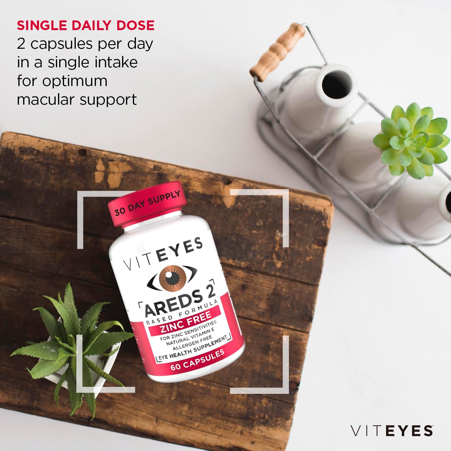 Viteyes AREDS 2 Zinc Free Macular Support, Natural Allergen Free Capsules with Vitamin E, Vitamin C, Lutein & Zeaxanthin, No Zinc, No Copper, Eye Doctor Trusted, Manufactured in The USA, 60 Ct : Health & Household