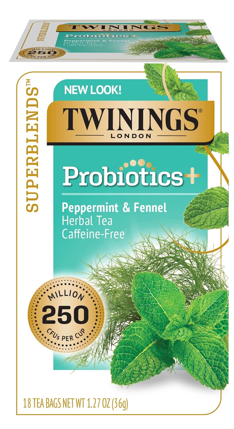 Twinings Superblends Probiotics+ Peppermint & Fennel Decaf Herbal Tea, 250 Million Cfus Per Cup, 18 Tea Bags (Pack Of 6), Enjoy Hot Or Iced