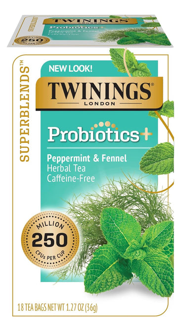 Twinings Superblends Probiotics+ Peppermint & Fennel Decaf Herbal Tea, 250 Million Cfus Per Cup, 18 Tea Bags (Pack Of 6), Enjoy Hot Or Iced